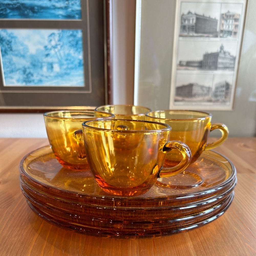 Vintage Amber Glass Starburst Snack Plate and Cup set